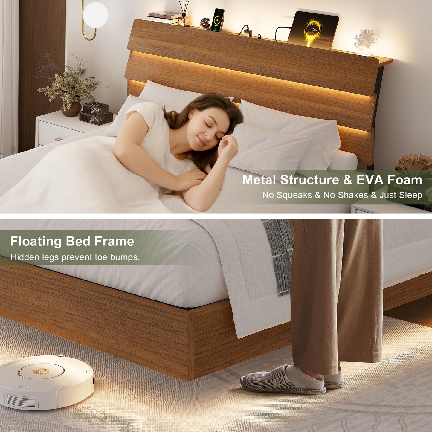 Feonase Floating Bed Frame King with Led Lights and Charging Station, Wood Full Size Bed Frame with Storage Headboard, Heavy Duty Metal Slats, No Box Spring Needed, Easy Assembly,Walnut