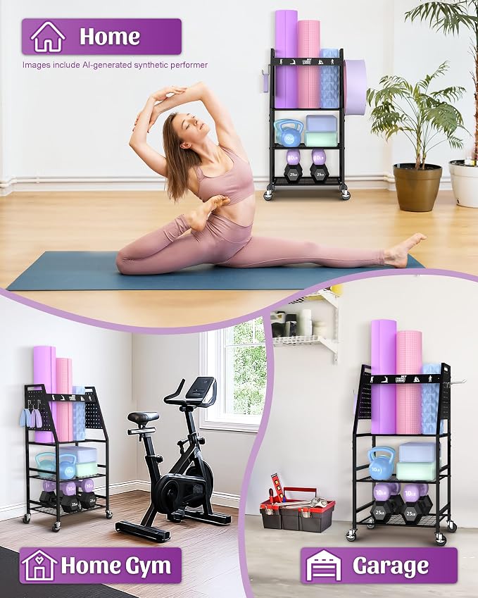Mythinglogic Yoga Mat Storage Racks,Home Gym Storage Rack for Dumbbells Kettlebells Foam Roller, Yoga Strap and Resistance Bands, Workout Equipment Storage Organizer With Hooks and Wheels