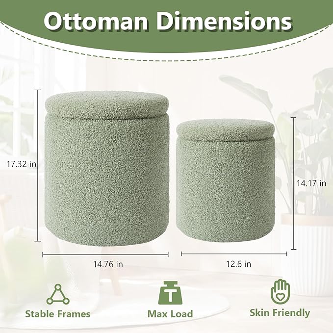 Royal Windsor Boucle Round Ottoman with Storage Set of 2,Small Foot Stool Ottoman for Living Room,Small Coffee Table, Vanity Stool with Storage for Bedroom, Green