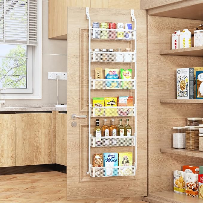 Over the Door Pantry Organizer, 6-Tier Pantry Door Organization and Storage, Over the Door Spice Rack, Home & Kitchen Storage Shelves for Cabinet, White