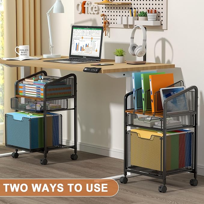 Tiaoheka Rolling File Cabinet with Adjustable Dividers, Mobile Filing Cabinet with 2 Storage Drawers on Lockable Wheels, Hanging File Organizer Beside Under Desk for Office, Home（Patent Pending）
