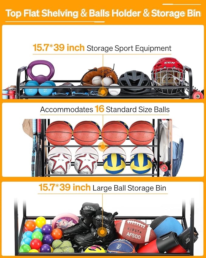 Garage Sports Equipment Organizer - Rolling Ball Storage Bin with Wheels, Garage Sports Gear Rack Outdoor Basketball Racks for Balls with Baseball Bat Holder and Hooks, Toy Organizer