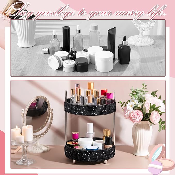 Honeydak 360 Rotating Perfume Organizer Gift for Women, Rhinestone Preppy Skincare Organizer Bathroom Counter Makeup Holder Skincare and Perfume Storage for Cosmetic(2 Tiers,Resin Diamond,Black)