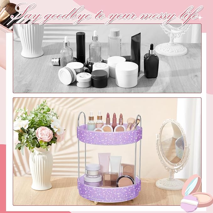 Honeydak 360 Rotating Perfume Organizer Gift for Women, Rhinestone Preppy Skincare Organizer Bathroom Counter Makeup Holder Skincare and Perfume Storage for Cosmetic(2 Tiers,Resin Diamond,Purple)