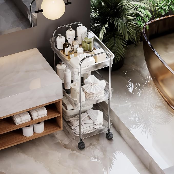 STARLATTA 3 Tier Rolling Cart with Lockable Wheels, Clear Acrylic Utility Trolley with Handle, Heavy-Duty Storage Organizer for Kitchen Bathroom Nursery Laundry - Snack Book Craft Organizer (Clear)