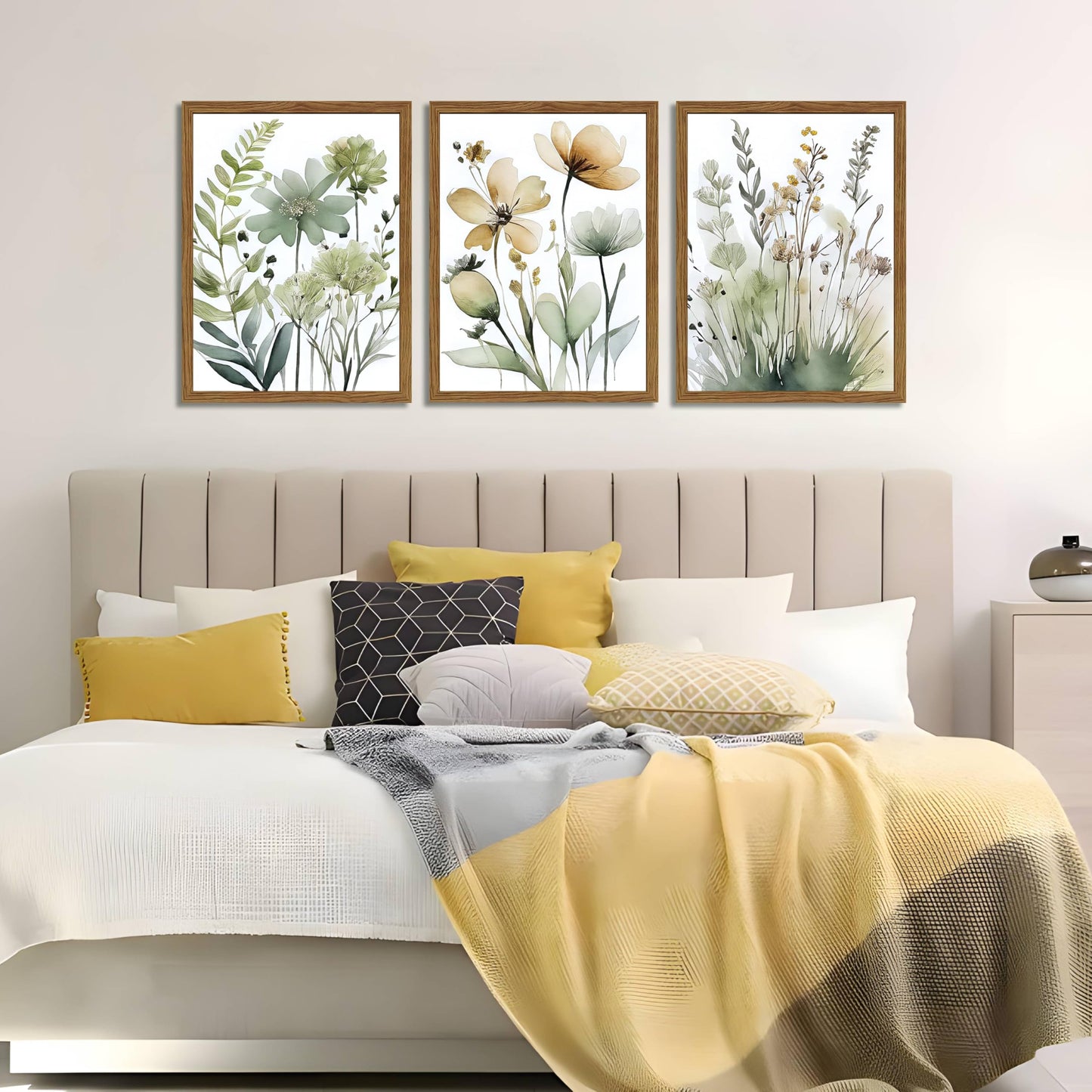 Wood Framed Sage Green Botanical Wall Art Set of 3, Boho Floral Canvas Wall Decor Paintings, Minimalist Flower Posters Prints Pictures for Bedroom Bathroom Living Room Home Decor 12x16 Inch
