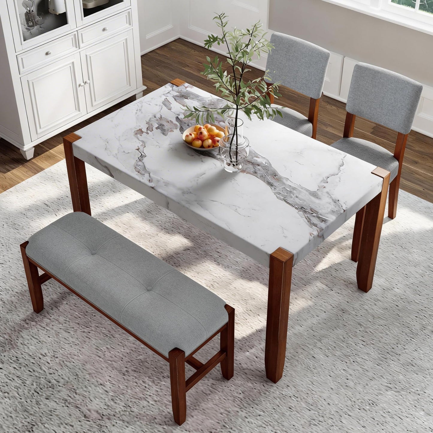 GDFStudio 4 Piece Faux Marble Dining Set with Bench, 46.6" Kitchen Table with 2 Upholstered Chairs, Rubber Wood Legs, Modern Space Saving Furniture for Dining Room, Gray