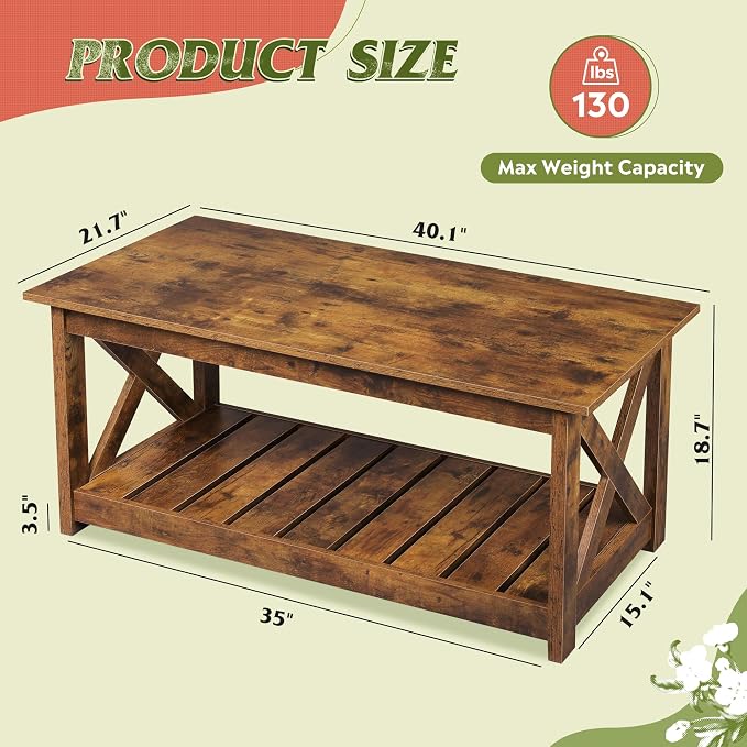 WLIVE Coffee Table, 40.1" Farmhouse Coffee Table with Slatted Storage Shelf & X-Shape Frame, 2-Tier Wood Center Table for Living Room, Balcony, Retro Brown