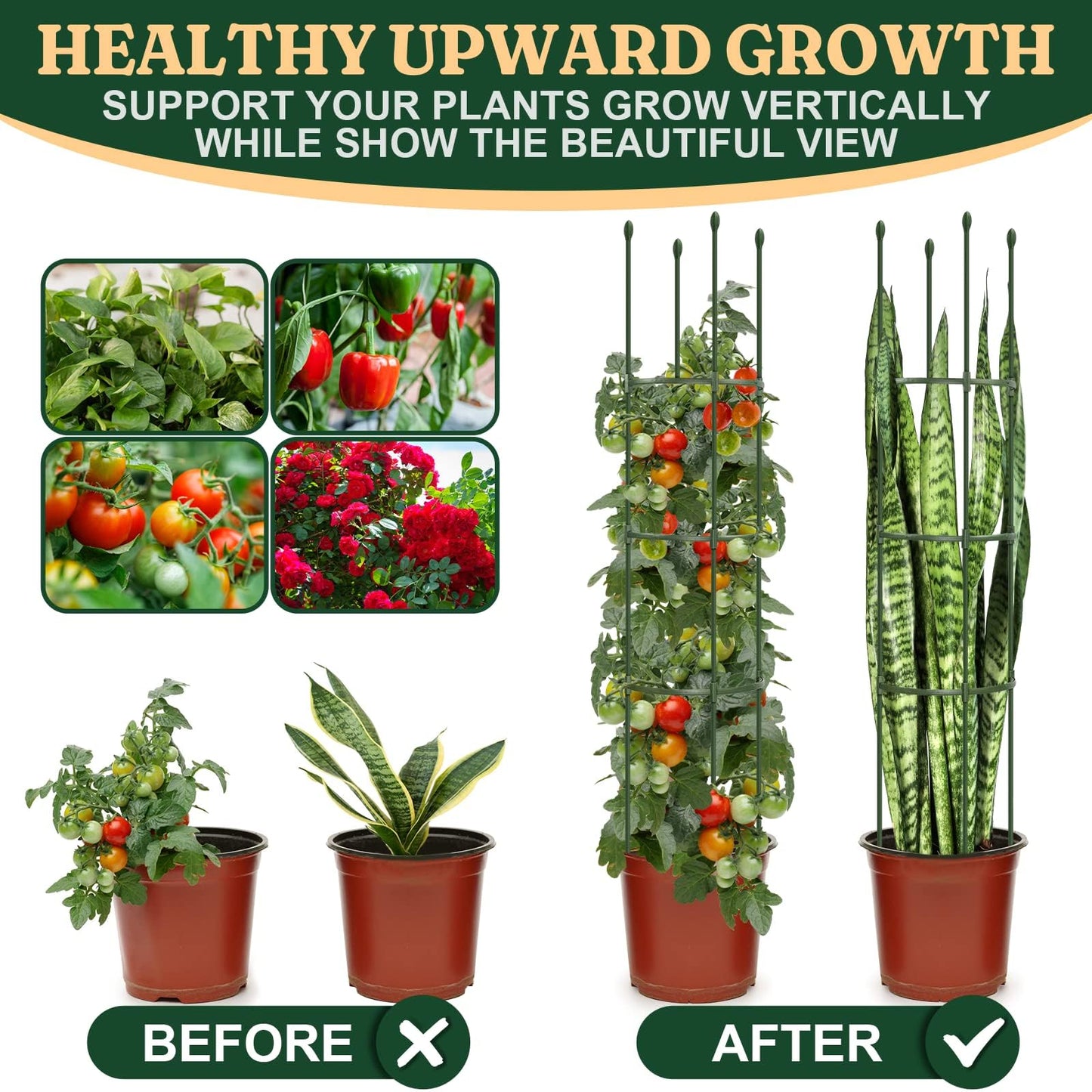 Round Heavy Duty Tomato Cage - 55 Inch Steel Core Plastic Coated Garden Trellis, 4-Post Rustproof Plant Support for Tomato/Cucumber/Beans, No Tools Snap Assembly, Spare Parts Available 4PS