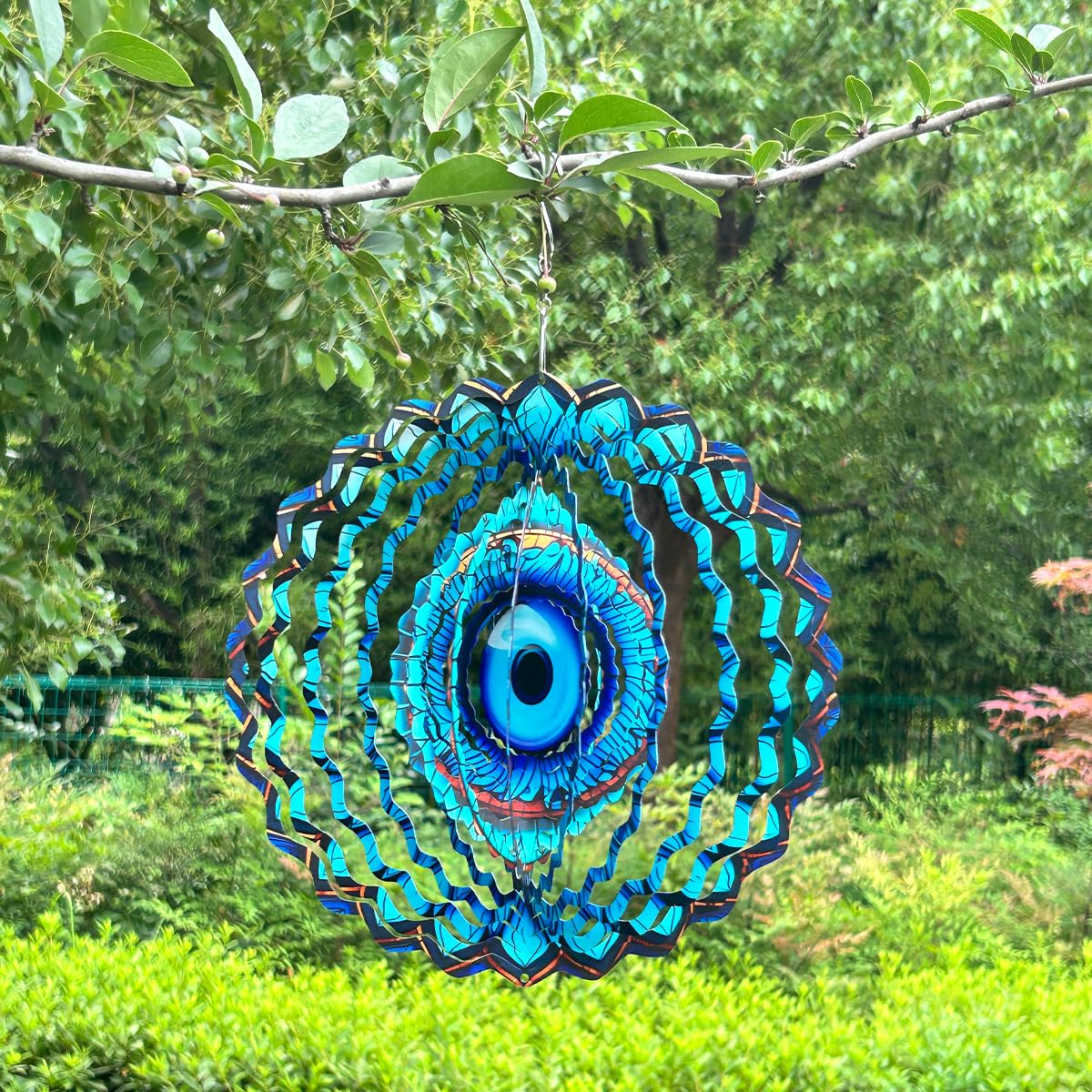 SAC SMARTEN ARTS 3D Wind Spinner Mandala 10 Inch Evil Eye Stainless Steel Wind Sculpture Blue Hanging Ornament Laser Cut Metal Art for Indoor Outdoor Garden Decoration Protective Amulet for Home Yard