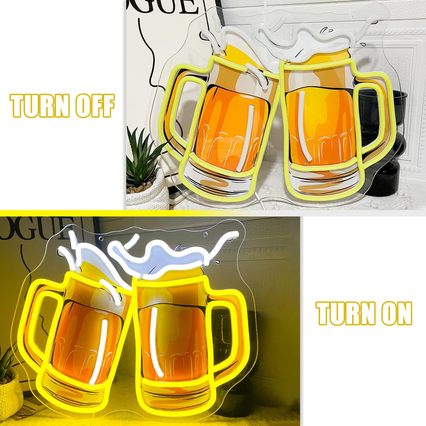 Beer Neon Sign UV Prited Cheers Neon Light Dimmable USB Powered Beers Glass Light Up Sign for Man Cave Bar Pub Store Bedroom Restaurant Club Hotel Party Decor