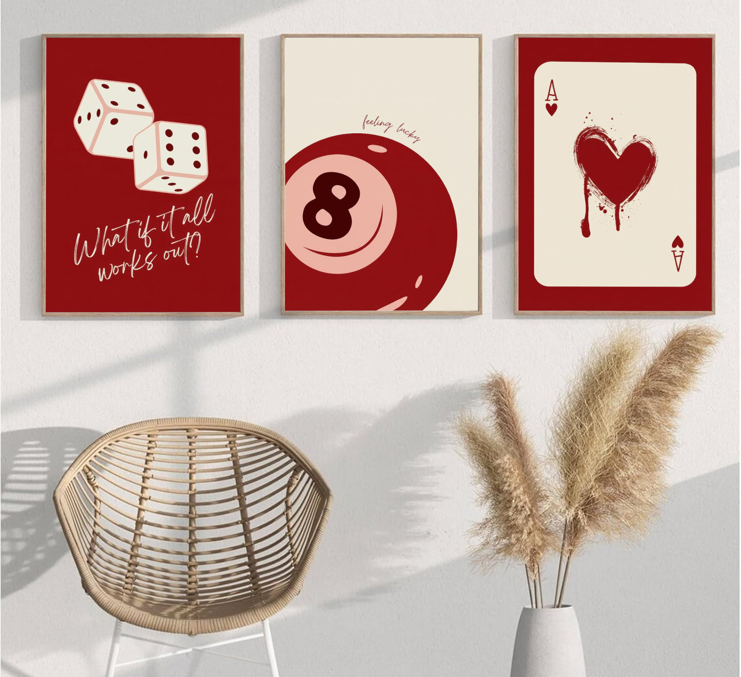 Luyeeteme Set of 3 Unframed Red Wall Art Posters, Funky Retro Y2K Trendy Aesthetic Room Decor, Lucky 8 Ball & Poker Dice Prints for College Dorm, Apartment, Game Room (16x24Inch)