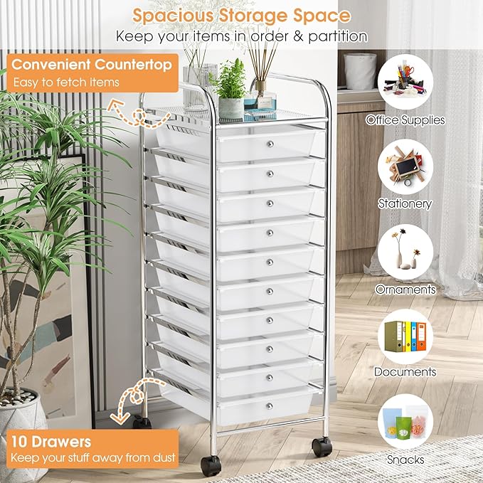 MEDIMALL 10 Drawers Rolling Storage Cart, Multipurpose Craft Storage Cart with Wheels, Mobile Tools Scrapbook Paper Organizer Cart for Office School Home Use (Clear)