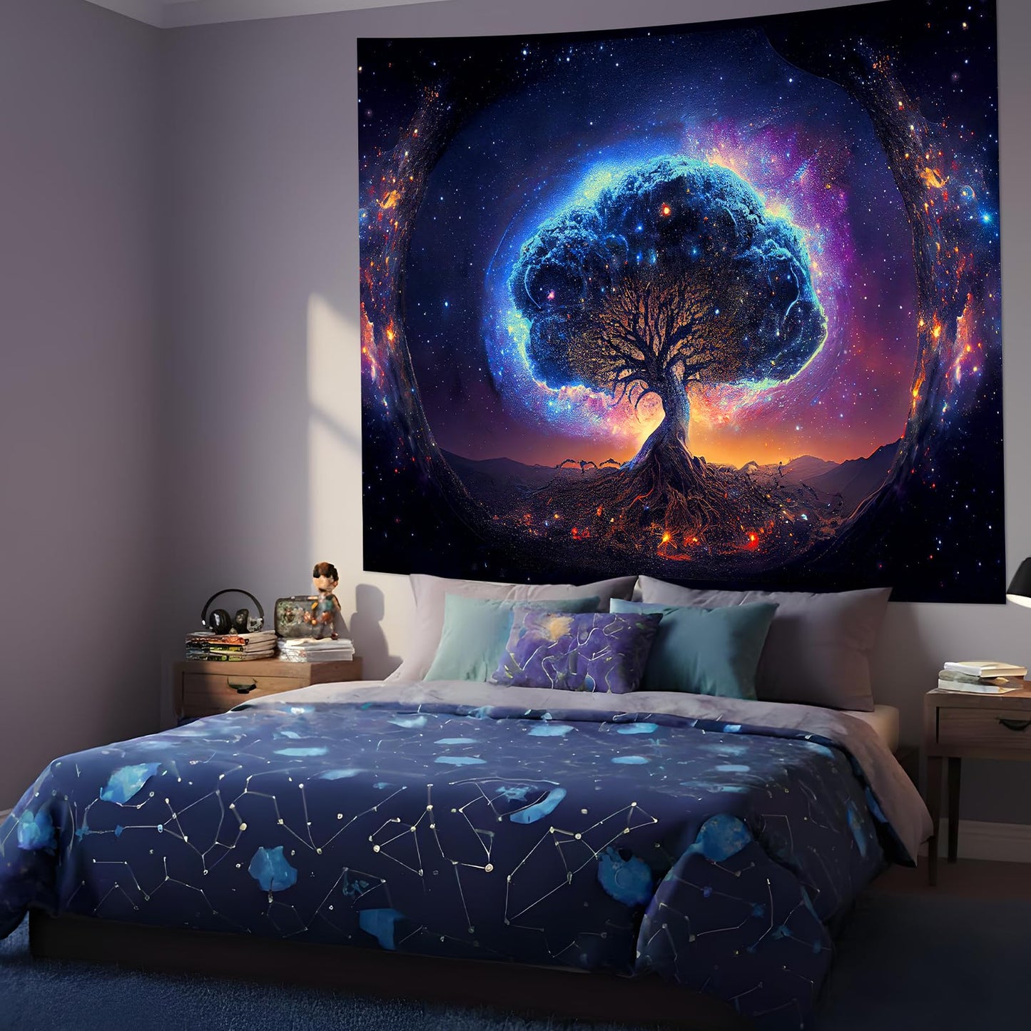 Avinyl Blacklight Tree and Space Tapestry for Bedroom, Aesthetic Cool Black Light Tree of Life Tapestries for Girl, Fantasy Stars Galaxy Wall Hanging for Living Room Teen Dorm Decor (51" x 60")