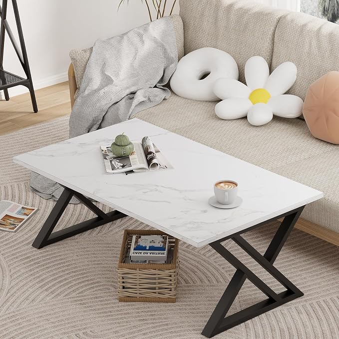 Wolawu Coffee Table White Living Room Center Table, Simple Modern Faux Marble Rectangular Tea Table with Sturdy Black Metal Frame,Industrial Wooden Coffee Table for Bedroom Home Office