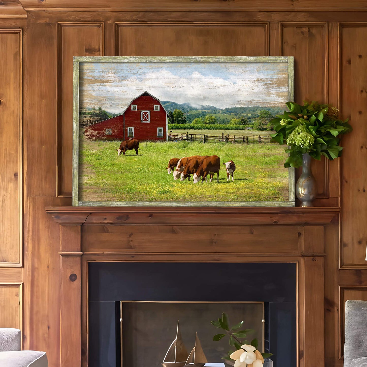 Bedroom Wood Farmhouse Wall Art: Large Rustic Red Barn Framed Artwork Quiet Country Landscape Gallery Painting Nature Cow Cattle Farm Picture Farm Animal Forest for Living Room Kitchen