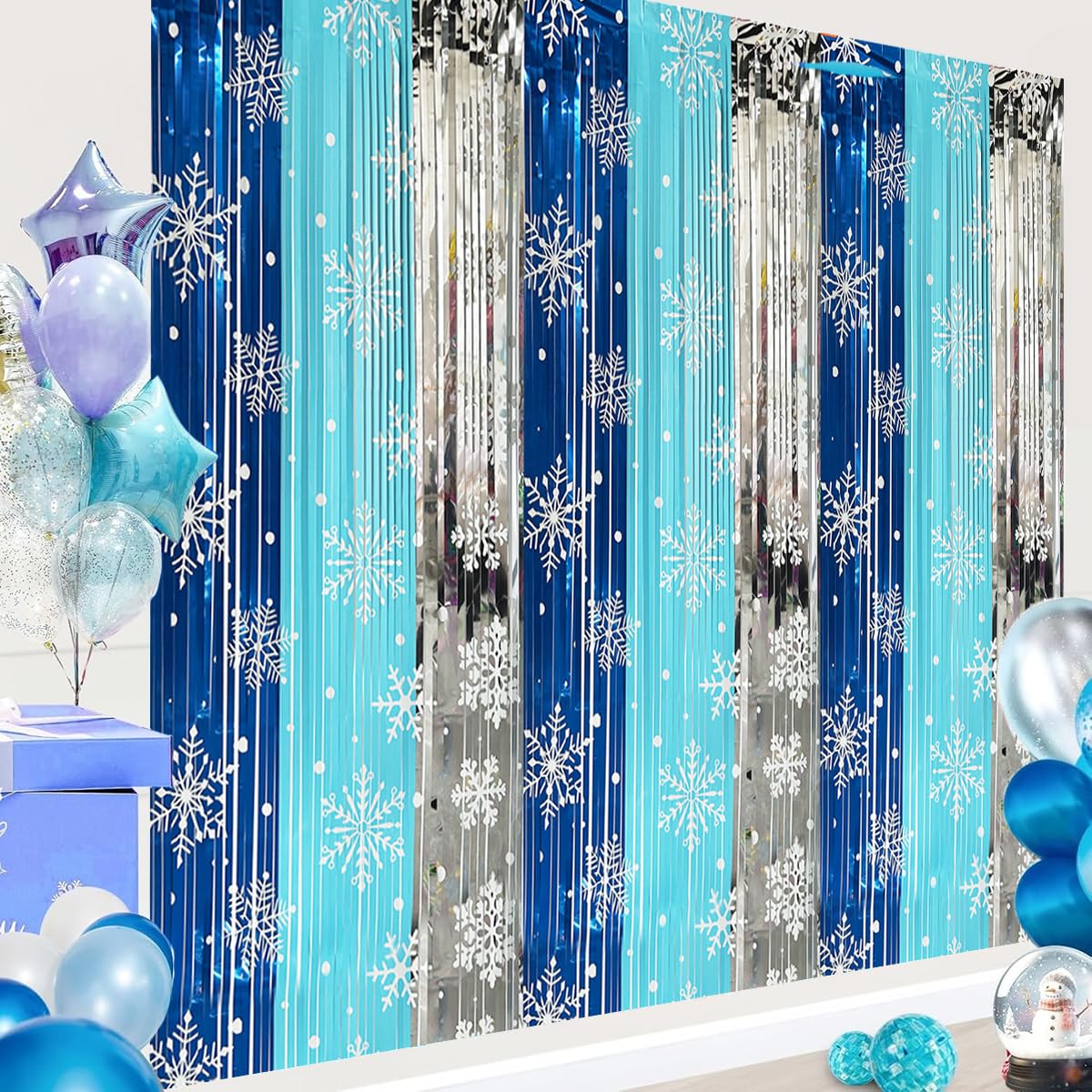 3 Pack Winter Themed Party Foil Fringe Curtain Backdrop 3.28x6.56ft,Snowflake Birthday Party Winter Photo Booth Prop Backdrop for Princess Birthday Party Christmas Winters Wonderland Decorations