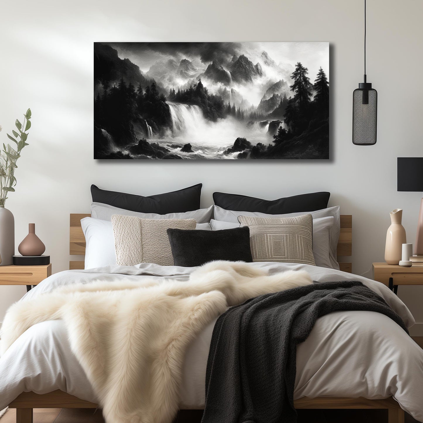 CPKATMT Waterfall Wall Art for Bedroom Black and White Tree Wall Decor for Office Natural Landscape Wall Pictures for Living Room 24 x 48 Inch