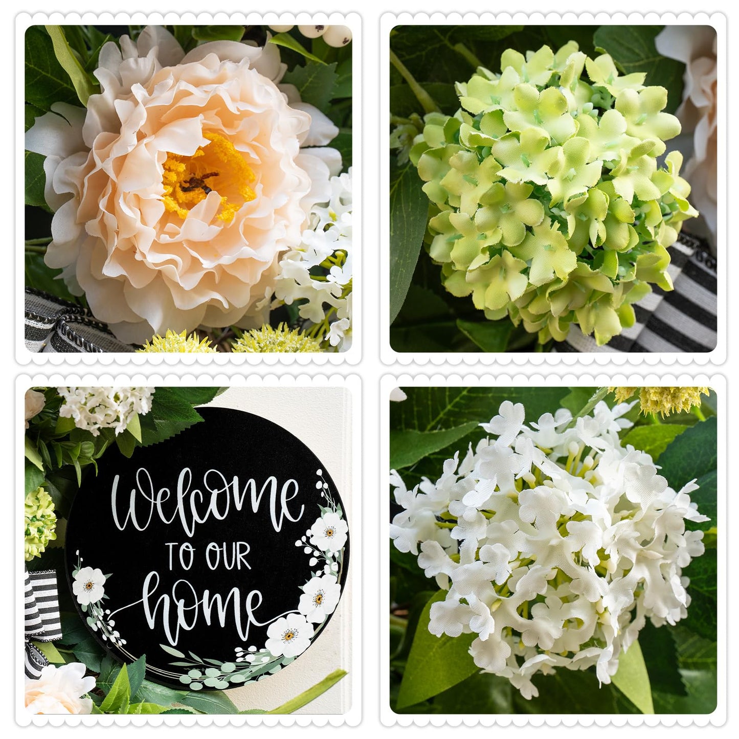 Spring Summer Wreaths for Front Door, Half Circle Summer Wreath with Hydrangea & Peony, Striped Bow & Welcome Sign – 24 Inch Indoor/Outdoor Seasonal, Housewarming & Festive Spring Door Wreath Decor