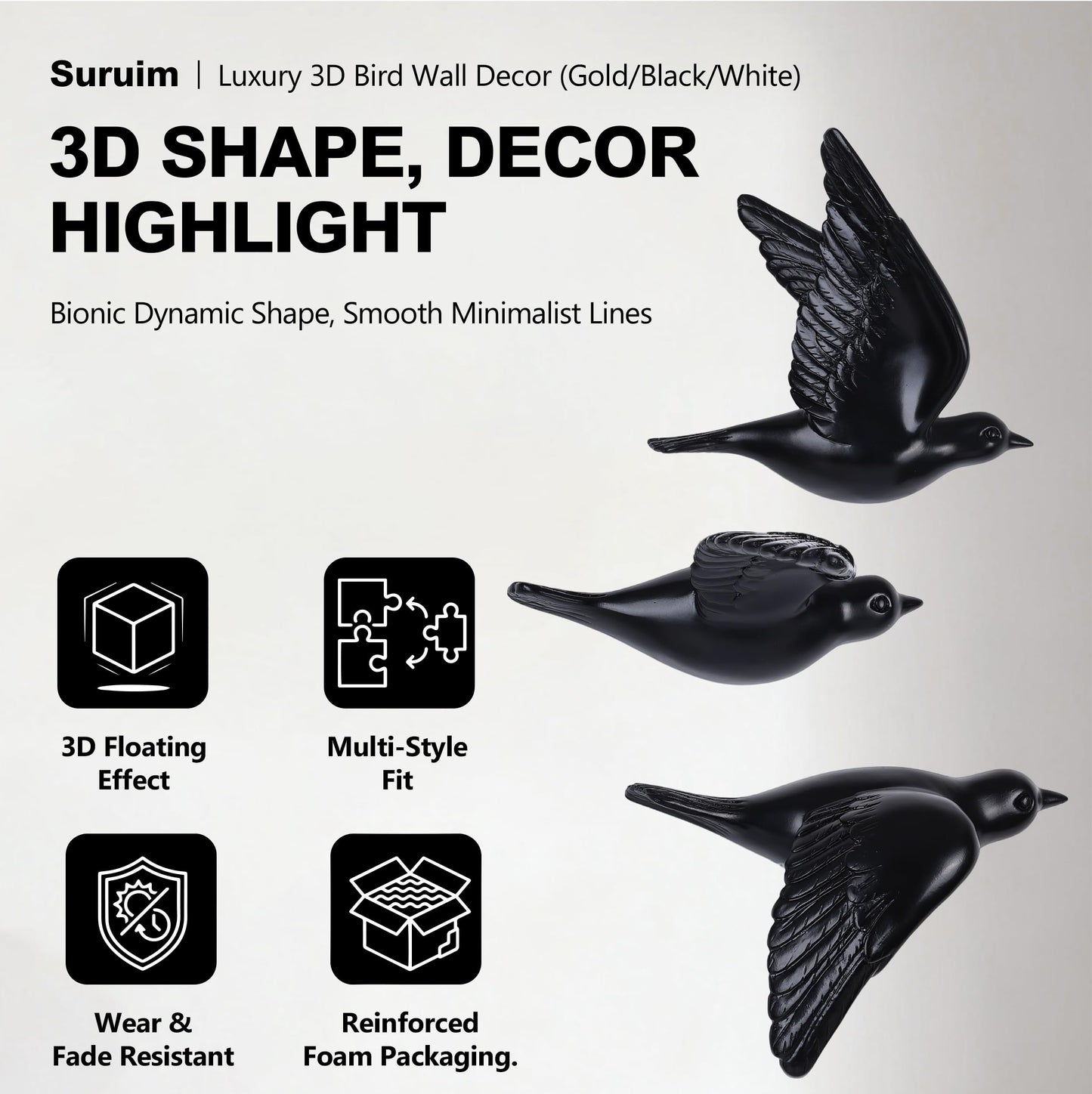 suruim Bird Wall Sculptures Set of 3-3D Wall Art Decor for Living Room, Home Decor Modern GoldEN Wall Decor & Bird Gallery Wall Art (Black)