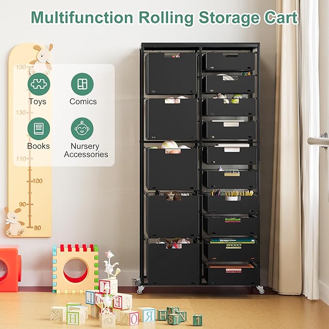 EasyPAG Rolling Storage Cart With 15 Drawers, Metal Craft Organizers And Storage Cart With Wood Tabletop, 30 Lbs Capacity Per Drawer For Home Office Classroom And Dorm, Black