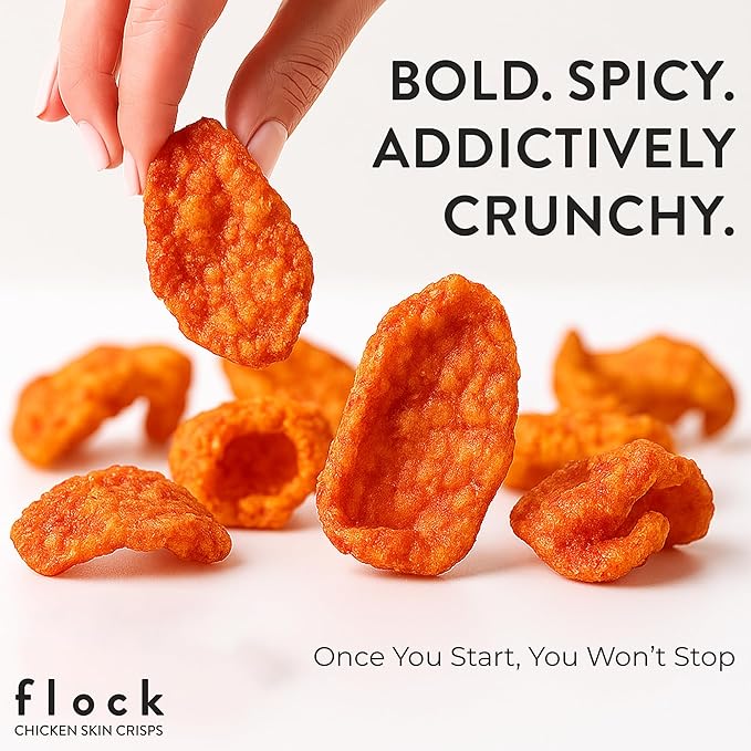 Flock Keto Chicken Skin Chips | Hattie B's Nashville Hot Flavor | Low Carb, High Protein, Sugar Free, Gluten Free Fried Chicken Skins for People | (1oz) 8-Pack Crispy Flock Chips