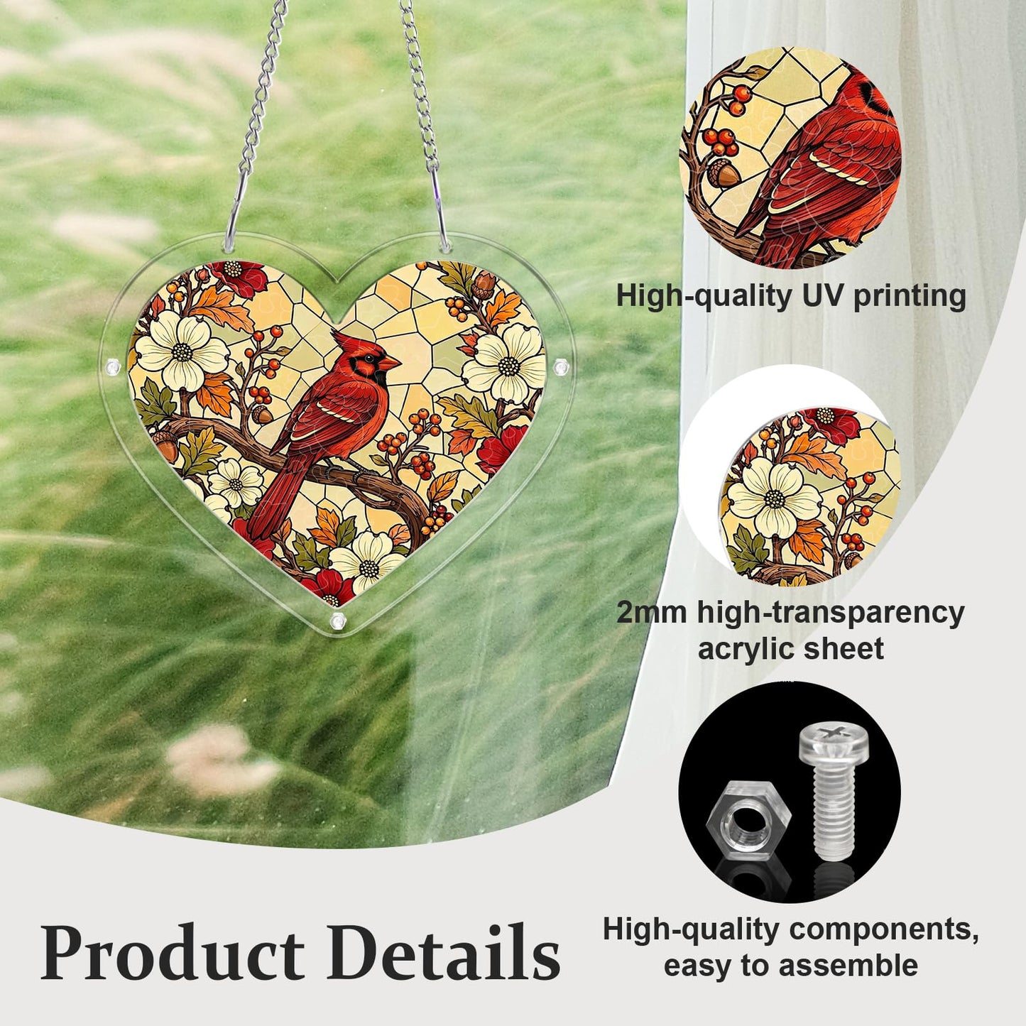 UNIQGIFTS Acrylic Puzzle Suncatcher, Cardinal Heart Sun Catchers Puzzle for Window Hanging, DIY Craft Puzzles for Adults, Ideal Gift for Women, Men, Wife, Mom, Home & Garden Decor, 7.4 in