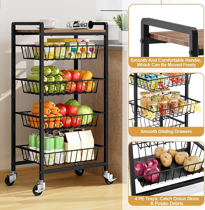 TOOLF 5-Tier Kitchen Storage Cart with Tabletop, Rolling Snack Cart with Lockable Wheels, Fruit Vegetable Basket with 4 Pack Mats, Metal Storage Rack with Pull-Out Pantry Trolley for Organizer