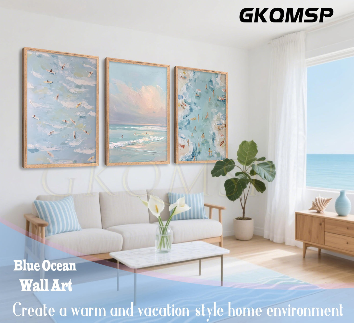 Blue Ocean Wall Art Coastal Surf Poster Beach Vacation Picture Wall Decor Abstract Beach People Surfing Painting Seashore Canvas Print Artwork for Living Room Bedroom Apartment Decoration,UNFRAMED