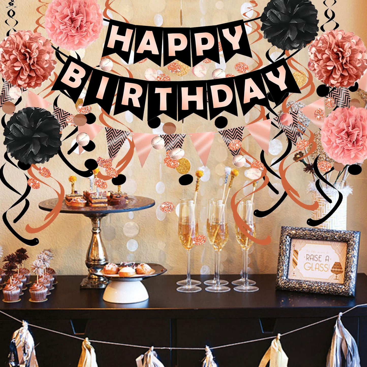 FECEDY Rose Gold Black Theme Happy Birthday Banner Flag Bunting Paper Circle Confetti Garland Swirl Streamers Honeycomb Ball for Birthday Party Decoration