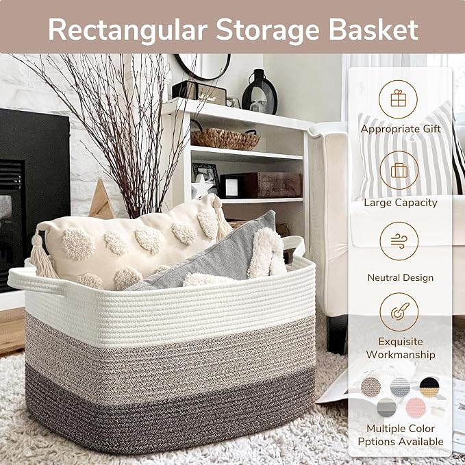Goodpick Large Woven Storage Basket, 21.6"x14.9"x11.8", Blanket Storage for Bedroom and Living Room, Rectangle Rope Baskets for Storage, White Brown
