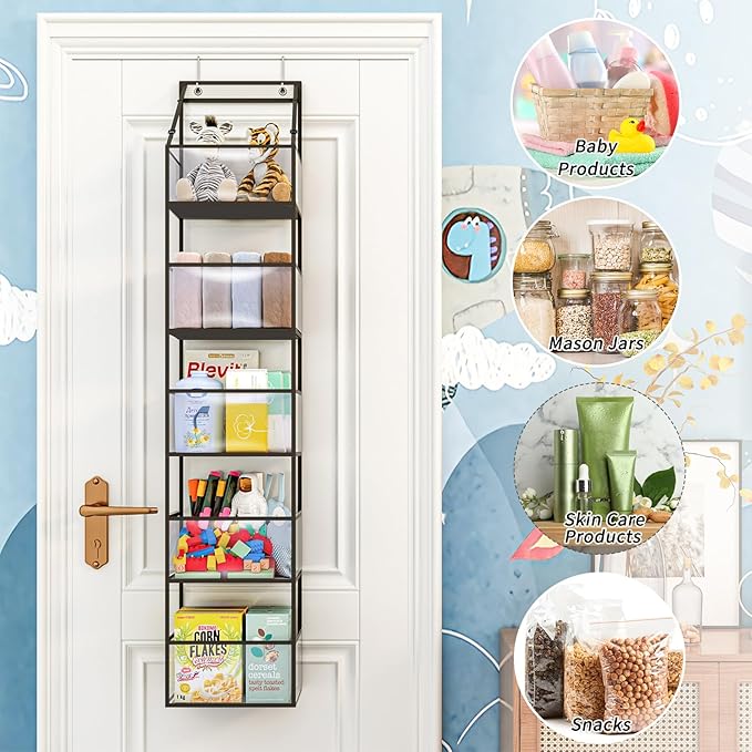 Fixwal Over The Door Hanging Pantry Organizer - 5-Shelf Room Storage With Clear Plastic Pockets for Behind The Door - Large Capacity for Closet, Bedroom, Bathroom (Grey)