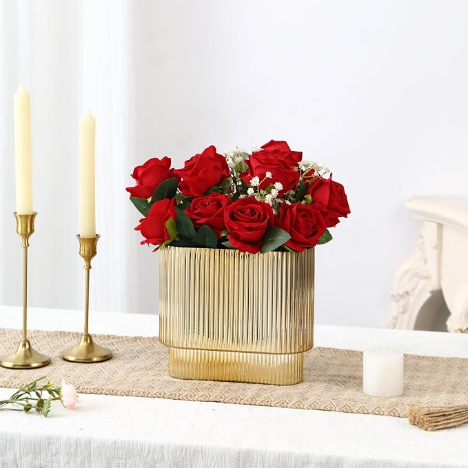 Ribbed Vase, Gold Glass Vase for Flowers, Gold Flower Vases for Tulips, Modern Vases for Living Room, Dining Table, Office, Bedroom, Mantle, Shelf, Wedding, 7 Inch