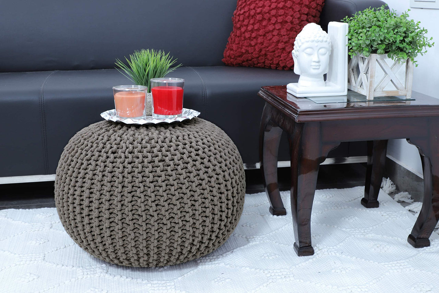 FRELISH DECOR Round Pouf Ottoman Hand Knitted 100% Cotton Pouf - Foot Stool - Knitted Bean Bag - Floor Chair for Living Room Bedroom - Foot Rest for Couch (20 Diameter x 14 Height) - Beige