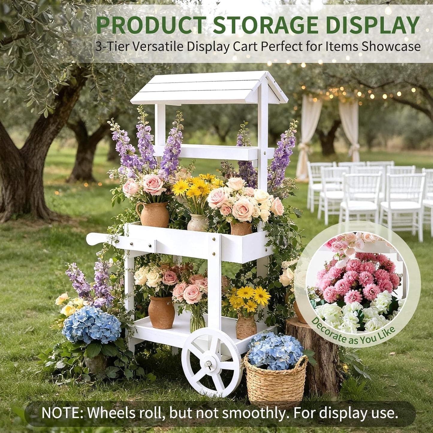 Sicrifety Flower Cart Display Stand with Wheels, 3-Tier Wooden Candy Cart for Party, White Dessert Cart with Canopy Roof for Weddings, Bridal Shower, Baby Shower, Market & Event Decor