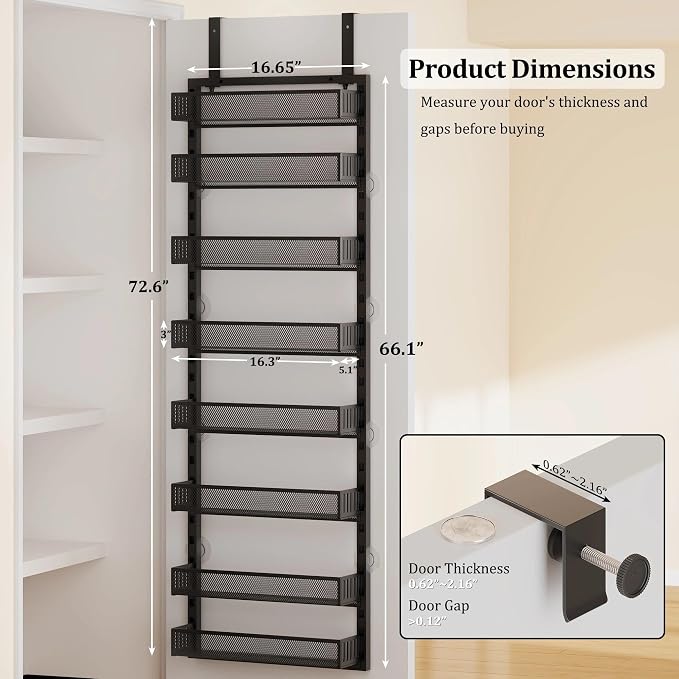 Over the Door Pantry Organizer, 8-Tier Over the Door Spice Rack with Adjustable Baskets, Wall-Mounted or Hanging Shelves for Kitchen, Laundry Room, Bathroom(Black, 16.65"W x 5.2"D x 72.6"H)