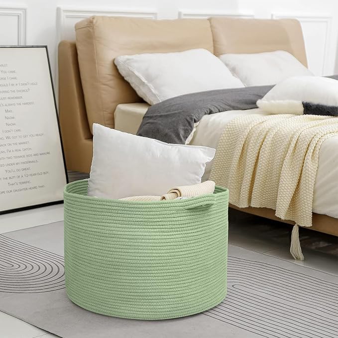MEGASKET Extra Large Green Basket, 22" X 22" X 14" Woven Cotton Rope Baskets for Blankets, Nursery Laundry Basket, Cute Kids Toy Storage Bin, Green Living Room Bedroom Decor Baskets for Organizing