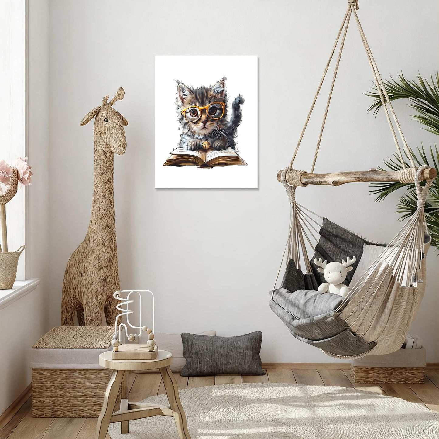 HVEST Cute Cat Wall Art Funny Cat Reading Book Modern Abstract Canvas Wall Art, Animal Wall Art for Living Room Bathroom Bedroom Office Decor, 16L x 12W Inches, Black