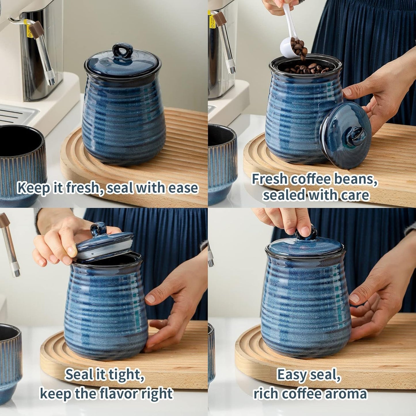 Tikooere Ceramic Food Storage Jars,25 Oz Porcelain Kitchen Canisters with Airtight Lids Set of 3,Flour Containers for Countertop,Farmhouse Decor Serving Ground Coffee,Tea,Sugar,Pasta and Rice,Blue