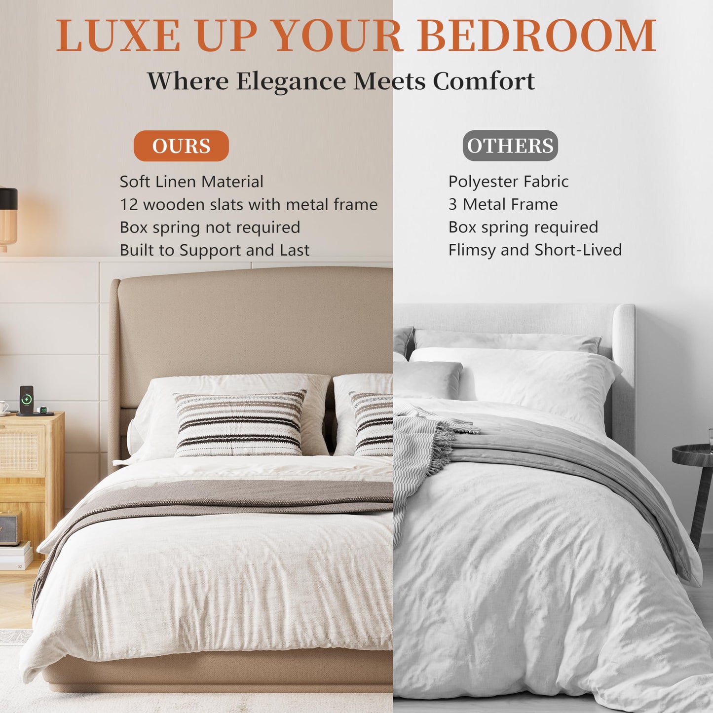 Merax Upholstered Queen Bed Frame with Wingback Headboard, Linen Fabric Platform Bed, Low Profile, Wood Slat Support, No Box Spring Needed, Easy Assembly, Brown