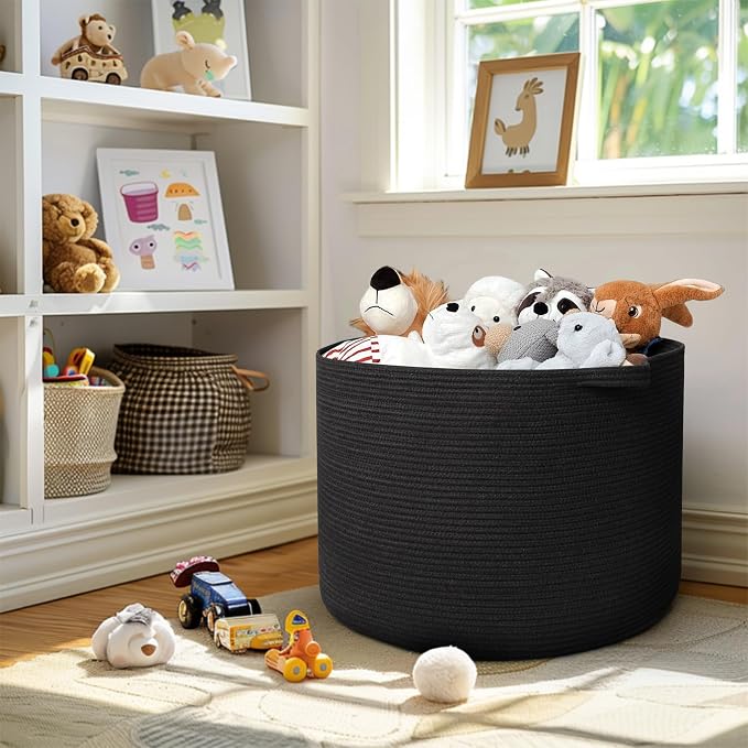 MEGASKET 115L Super Large Black Blanket Basket, 23.6"x15.7" Woven Rope Bin for Storage, Oversized Kids Dog Toy Storage Box Bins, XXXL Blanket Holder for Living Room, Jumbo Wicker Basket for Organizing