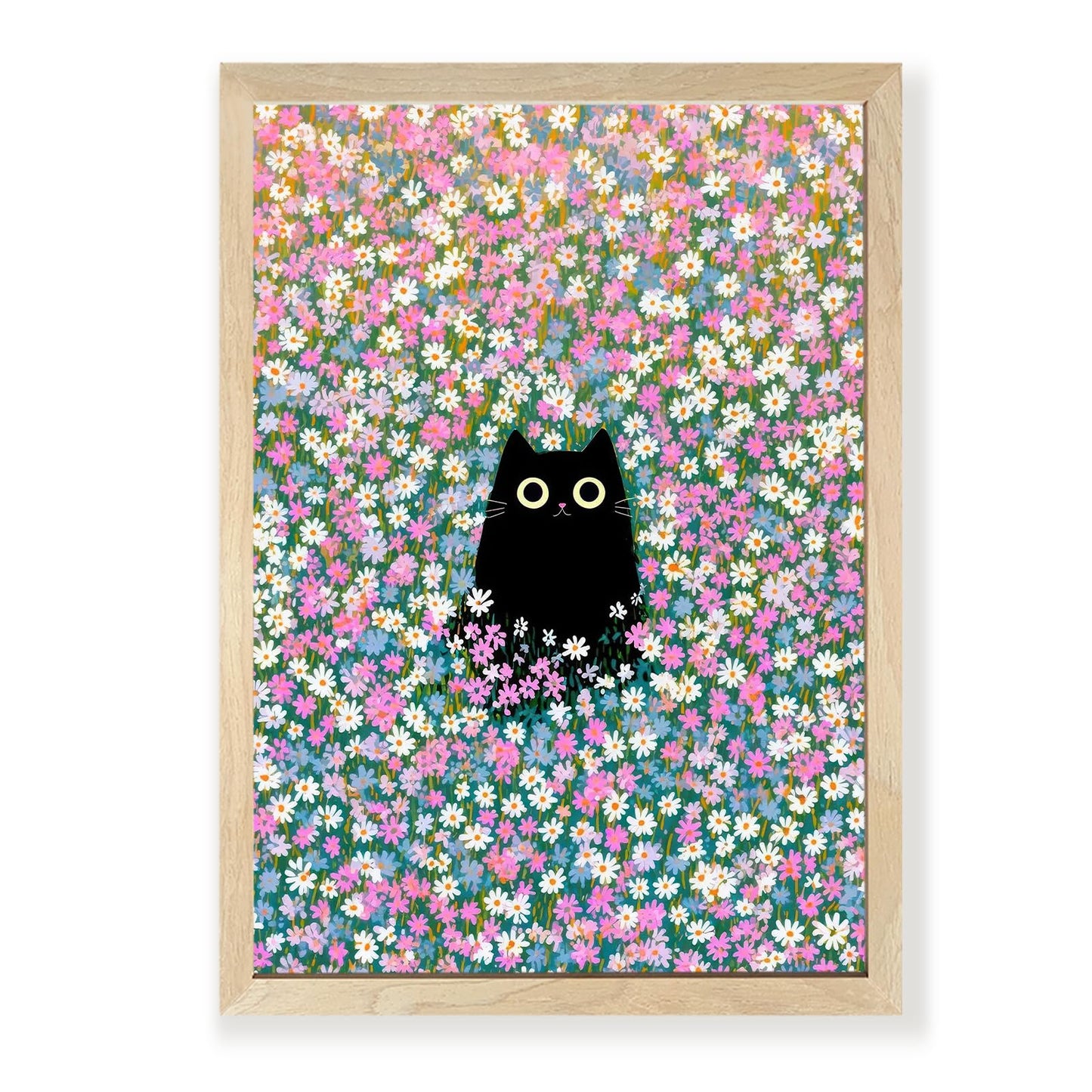 Apokiil Black Cat in Wildflower Field Wall Art - Cute Cat Floral Canvas Print, Poster for Bedroom Living Room Bathroom Wall Decor 24x 16In