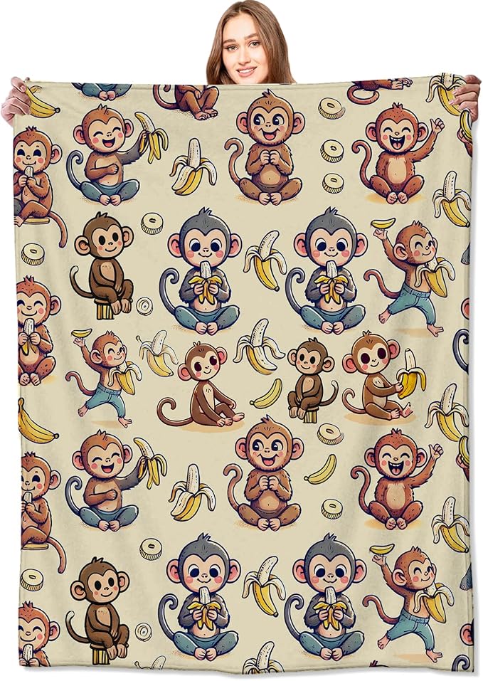 Monkey and Banana Blanket,Fun Cartoon Jungle Theme Throw Blankets,Birthday Gifts for Kids & Animal Lovers,Lightweight Soft Fleece,for Picnic Sofa Couch Bed Room Travel,Modern Decor,50x60in