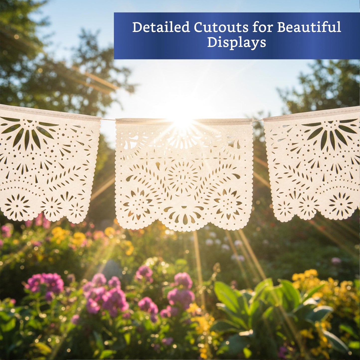 White Papel Picado Banner (5 Pack - 10 Plastic Flags per Banner) - White Mexican Banners for Parties and Weddings - Mexican Themed Party Decorations - Papel Picado Mexicano para Decoraciones