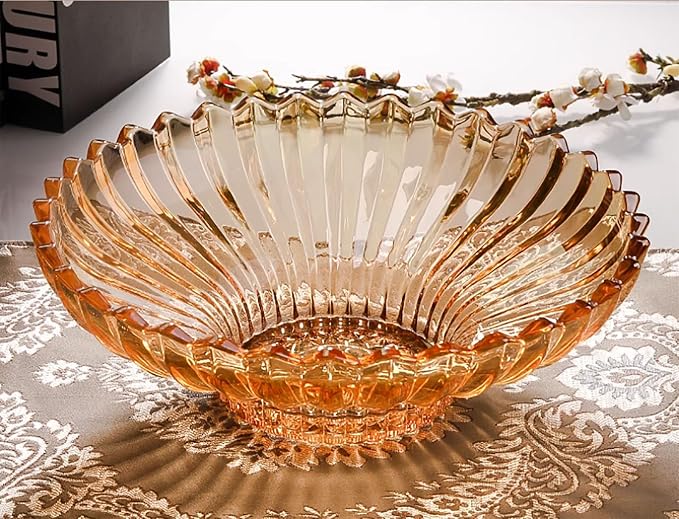 Glass Fruit Bowl or Decorative Bowl, used for Kitchen counter or living room center table decoration, 12.5 inch Fruit Bowl or Center Bowl (Amber)