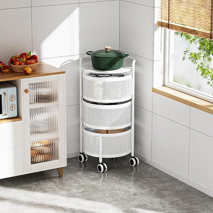 JAQ No Assembly Integrated Rotating Storage Cart, 3-Tier Rolling Storage Cart with Wheels, Solid Carbon Steel Onion Potato Storage, Kitchen Storage Cart, Vegetable Storage Cart, White