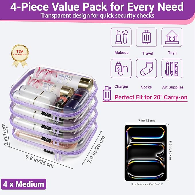 YQBRAO 4-Pack Clear Diaper Bag Organizer Pouches, 1.2mm Ultra-Thick PET Travel Pouches for Toiletries & Makeup, Rigid Self-Standing Bags with YKK Zippers, TSA Approved (Purple)