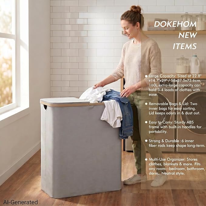 DOKEHOM 160L Extra Large Laundry Hamper with Lid, 2-Section Double Laundry Basket with Removable Mesh Liner Bags, Collapsible Clothes Sorter for Family, Bedroom, Laundry Room, Light Grey