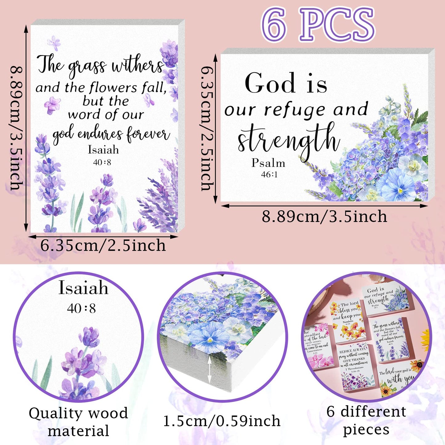 Yulejo 6 Pieces Christian Table Decor Mini Bible Verse Wooden Signs Inspirational Rustic Decorative Scripture Signs Tabletop Art Wood Blocks for Table Desk Room Home Office Party Favors