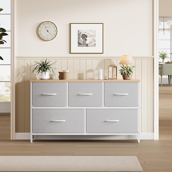 OLIXIS Dresser for Bedroom with 5 Drawers, Wide Chest of Drawers, Fabric Bedroom Dresser with Drawer Organizer, Storage Organizer Unit with Fabric Bins for Closet, Living Room, Hallway, Light Grey
